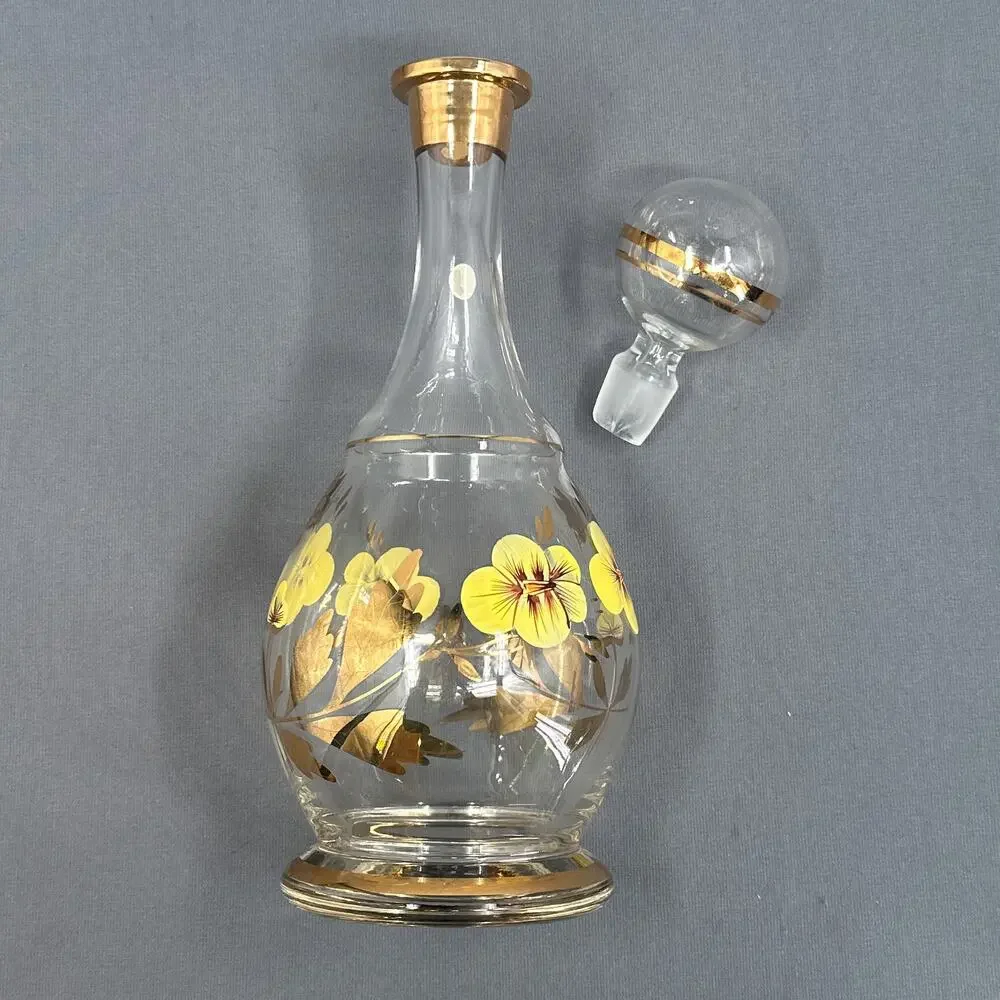 VTG Wine Decanter 15 Floral Hand Painted Romanian Crystal Gold Yellow MCM Carafe